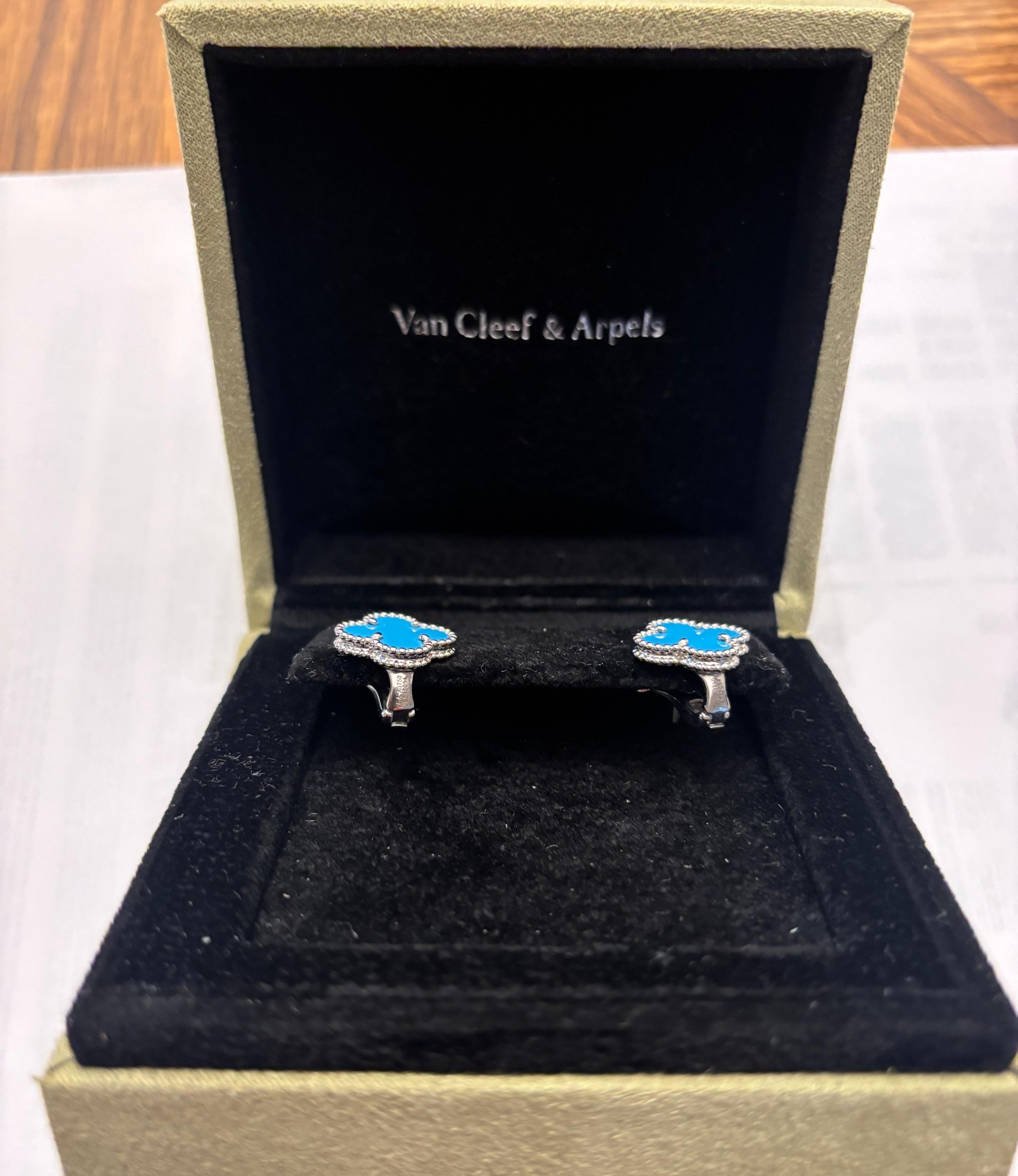 Pendientes de clip Van Cleef & Arpels Vintage Alhambra Turquesa Azul Oro Blanco 18K en venta 11