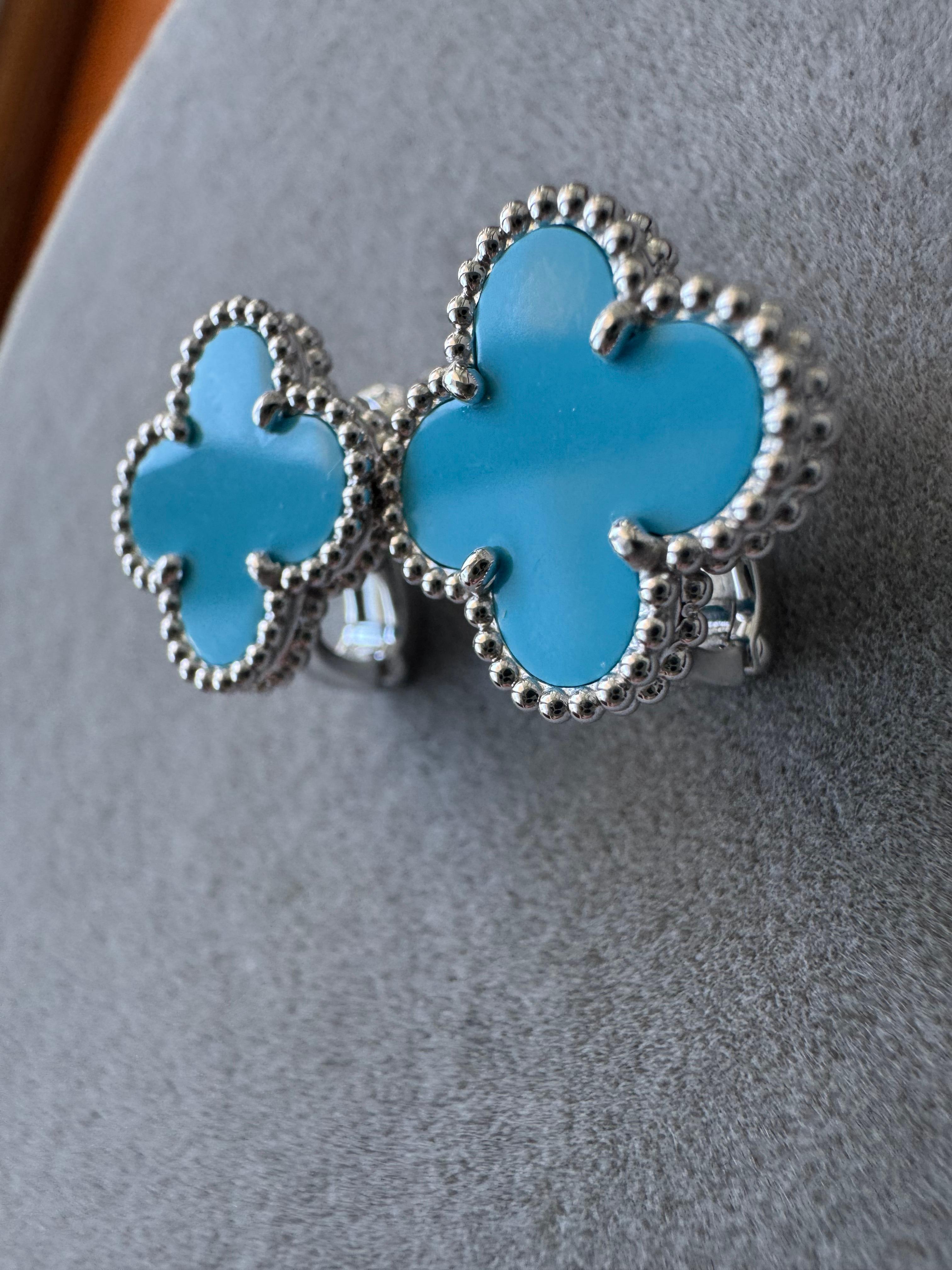 Femenino o masculino Pendientes de clip Van Cleef & Arpels Vintage Alhambra Turquesa Azul Oro Blanco 18K