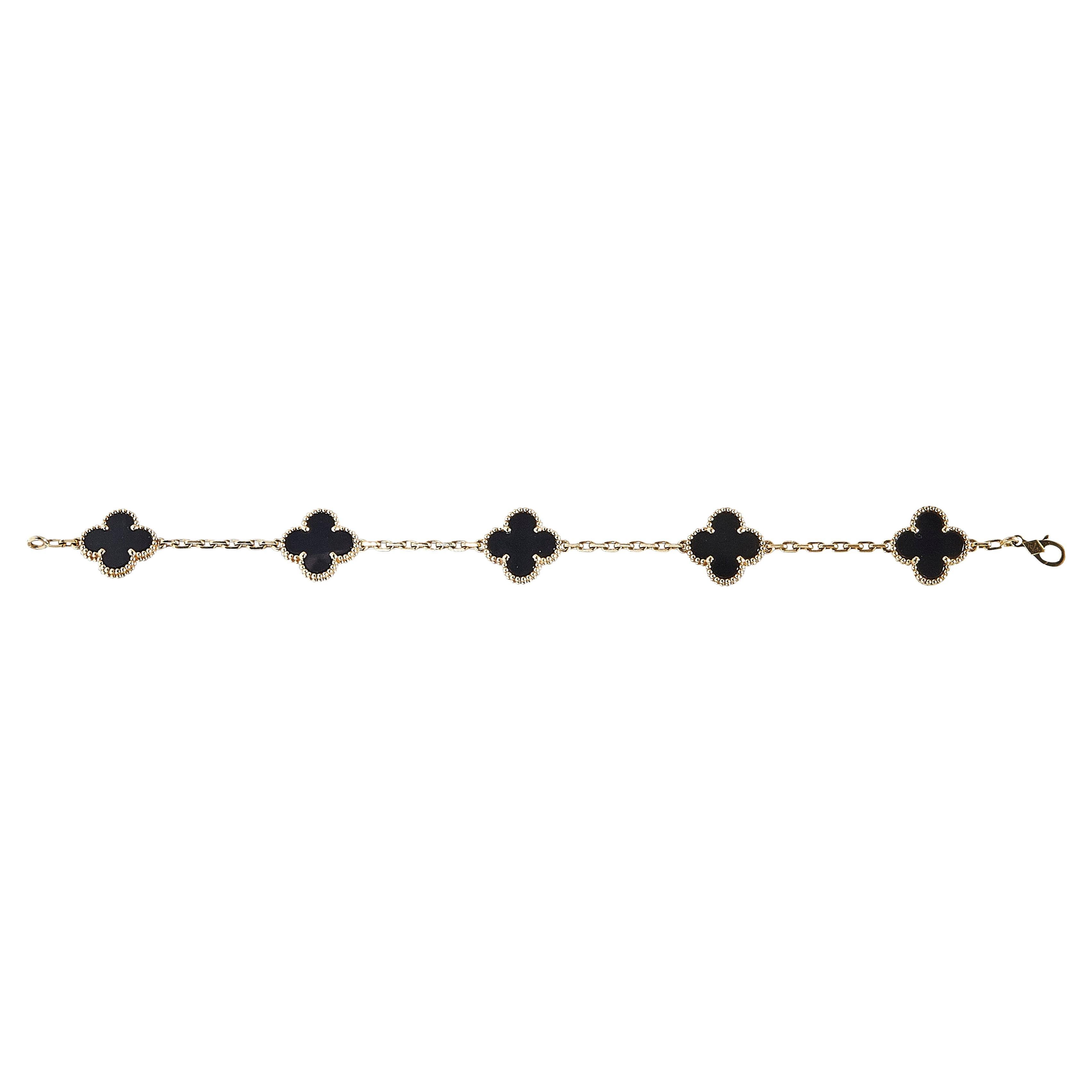 Van Cleef & Arpels Vintage Alhambra Bracelet 18K Yellow Gold Onyx 5 Motifs