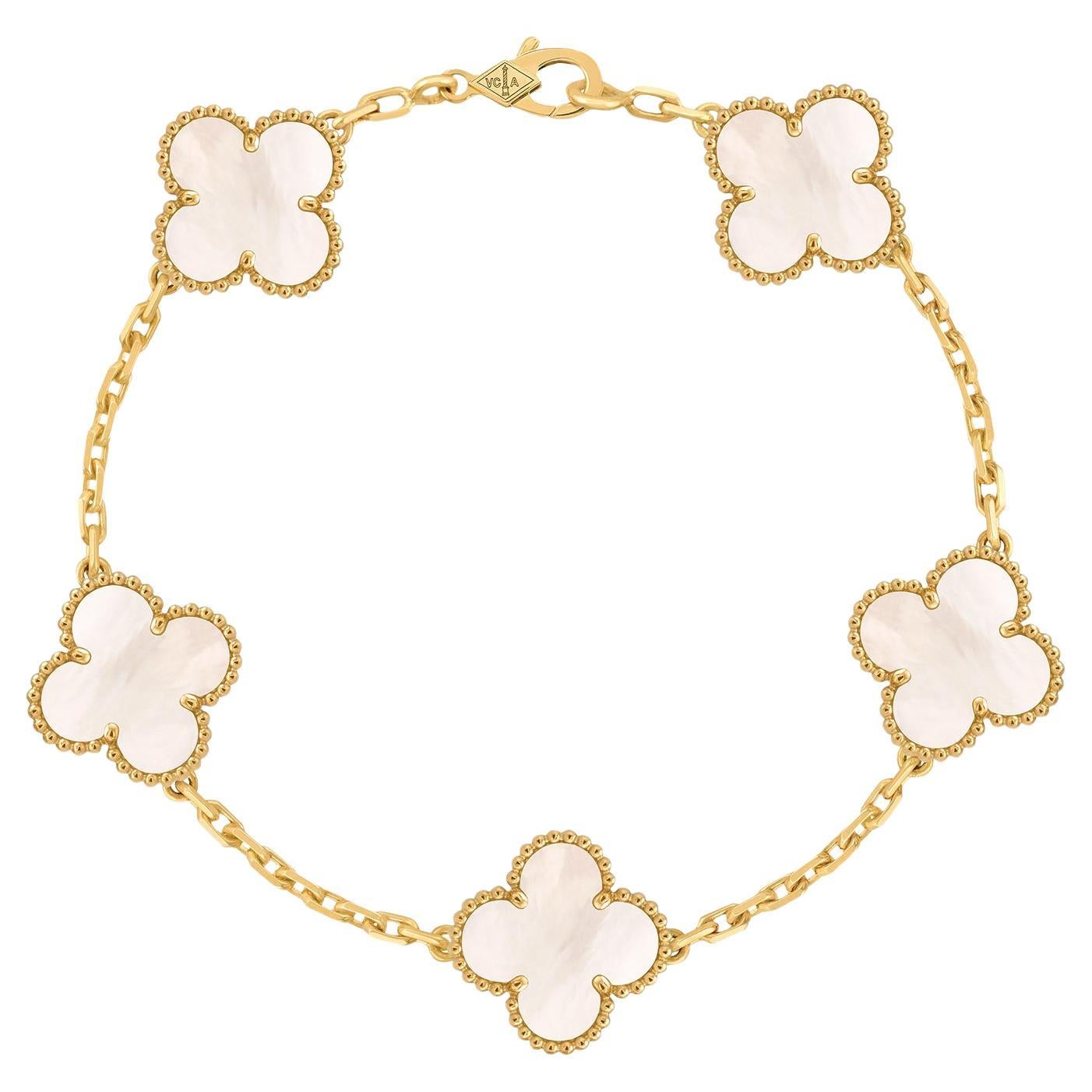 Van Cleef 
Arpels Vintage Alhambra Bracelet 5 Mother Of Pearl Motifs Gold For Sale