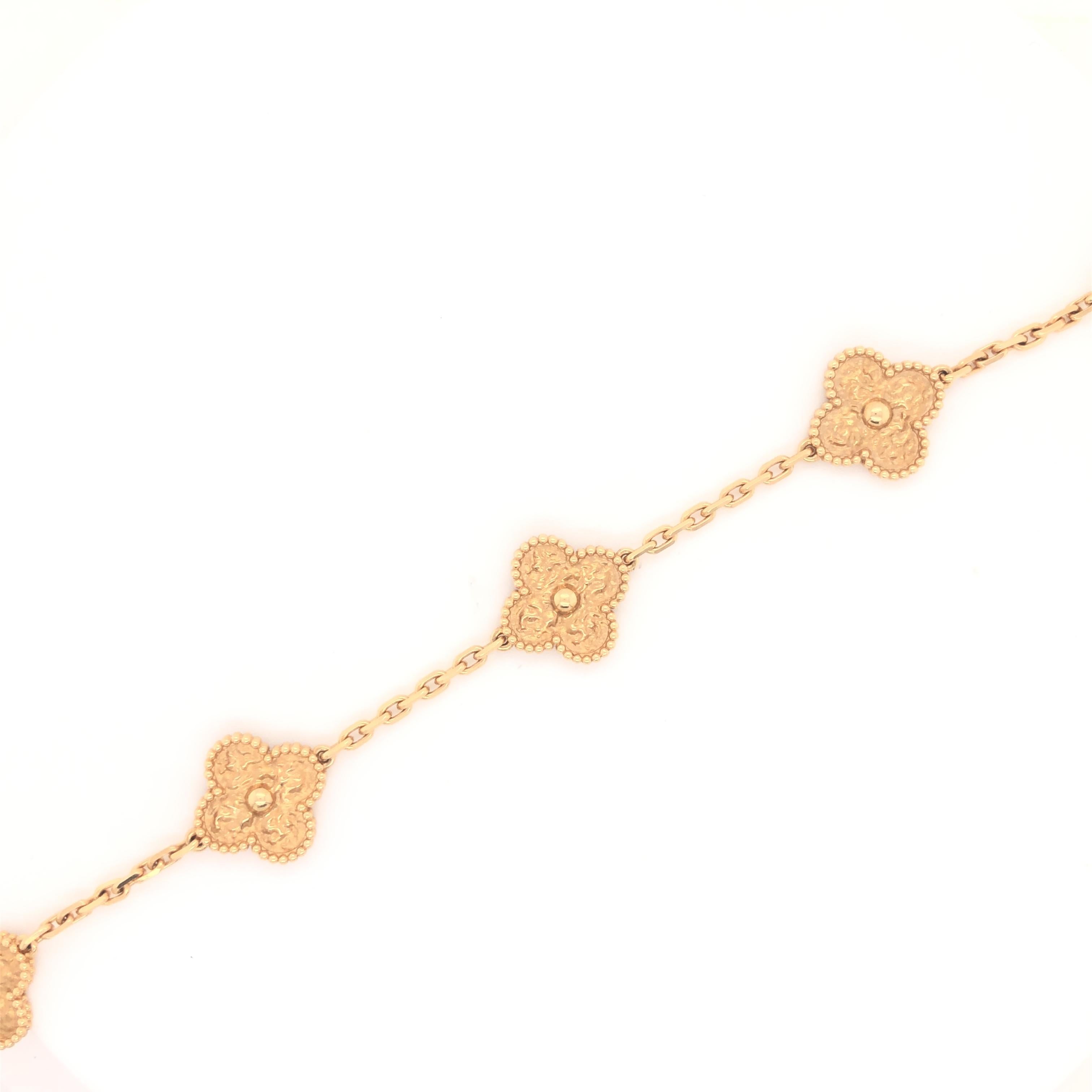 Faithful to the very first Alhambra jewel created in 1968, the Vintage Alhambra creations by Van Cleef & Arpels are distinguished by their unique, timeless elegance. Inspired by the clover leaf, this iconic design is solid 18k golden clovers of