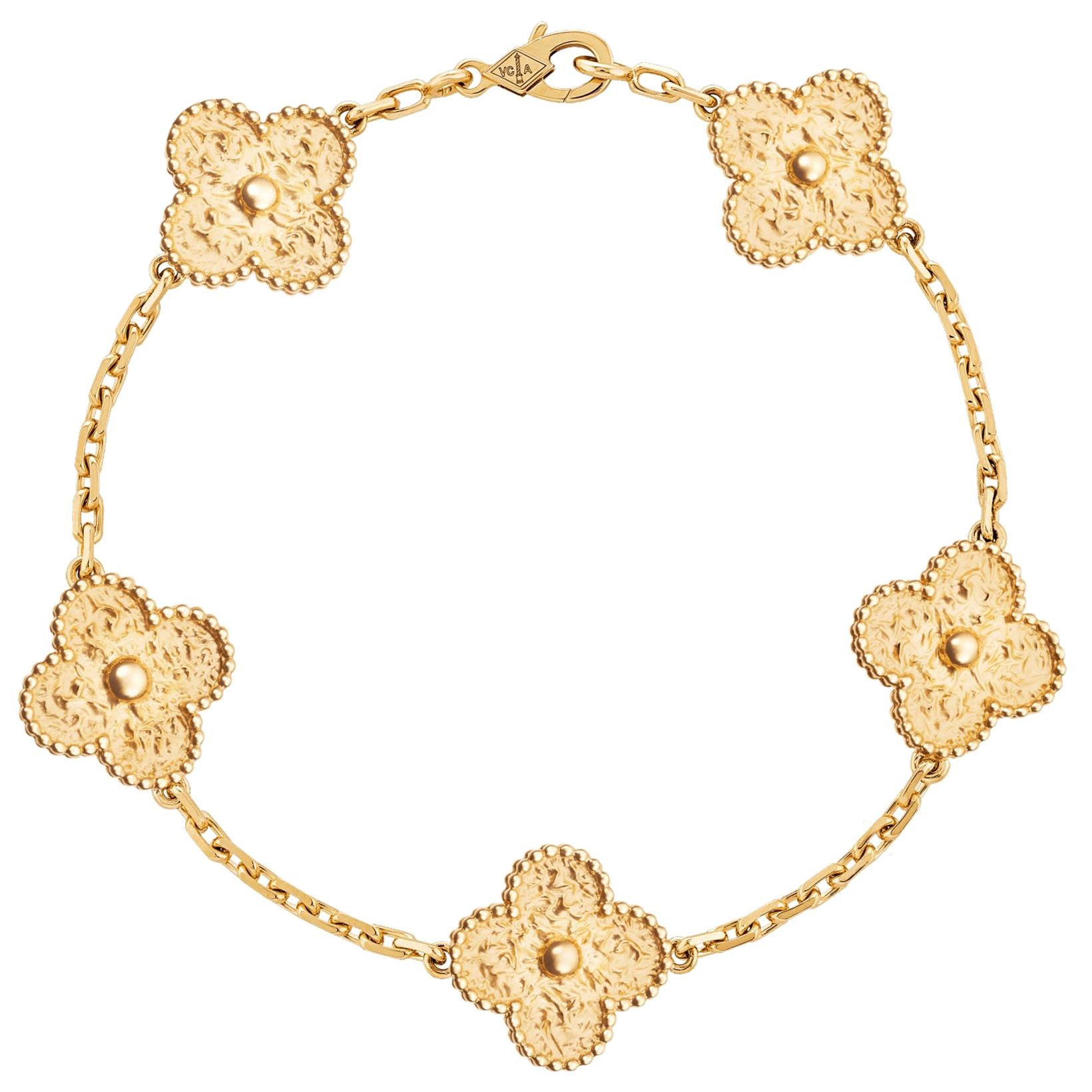 Van Cleef and Arpels 5 Motif Vintage Alhambra Malachite Yellow Gold Bracelet  at 1stDibs