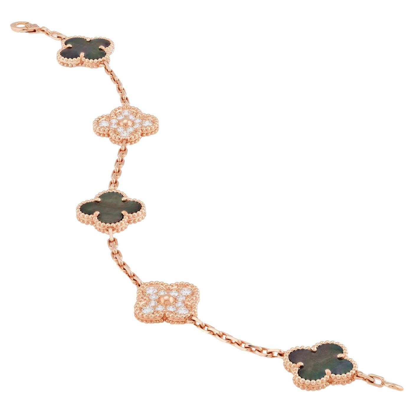 Modernist Van Cleef & Arpels Vintage Alhambra Bracelet 5 Motifs Mother Of Pearl & Diamonds For Sale