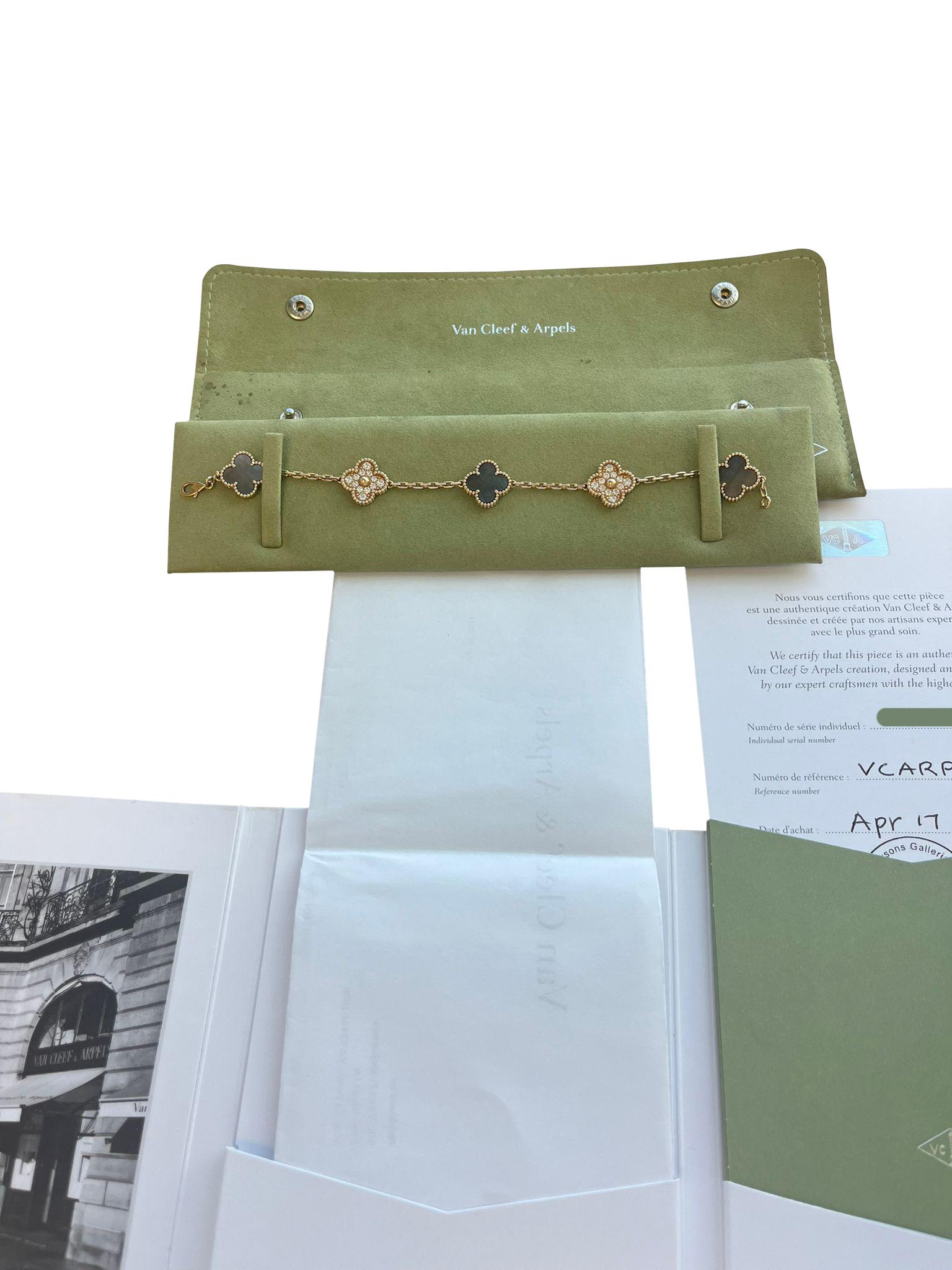 Women's Van Cleef & Arpels Vintage Alhambra Bracelet 5 Motifs Mother Of Pearl & Diamonds For Sale