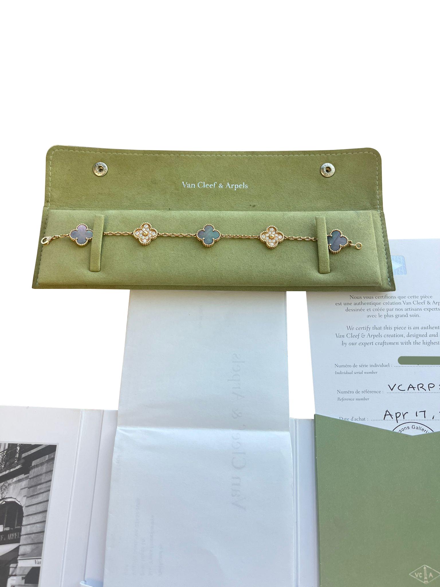 Van Cleef & Arpels Vintage Alhambra Bracelet 5 Motifs Mother Of Pearl & Diamonds For Sale 1