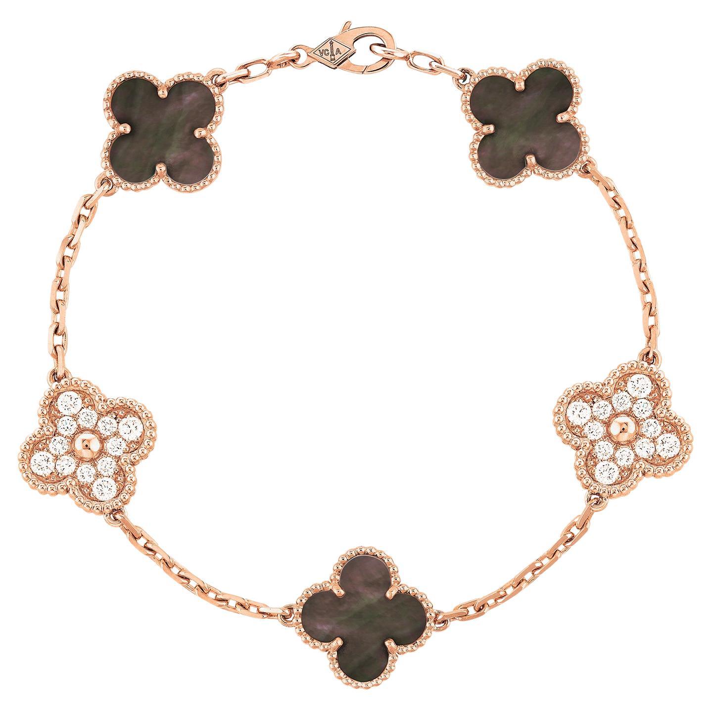 Van Cleef & Arpels Vintage Alhambra Bracelet 5 Motifs Mother Of Pearl & Diamonds