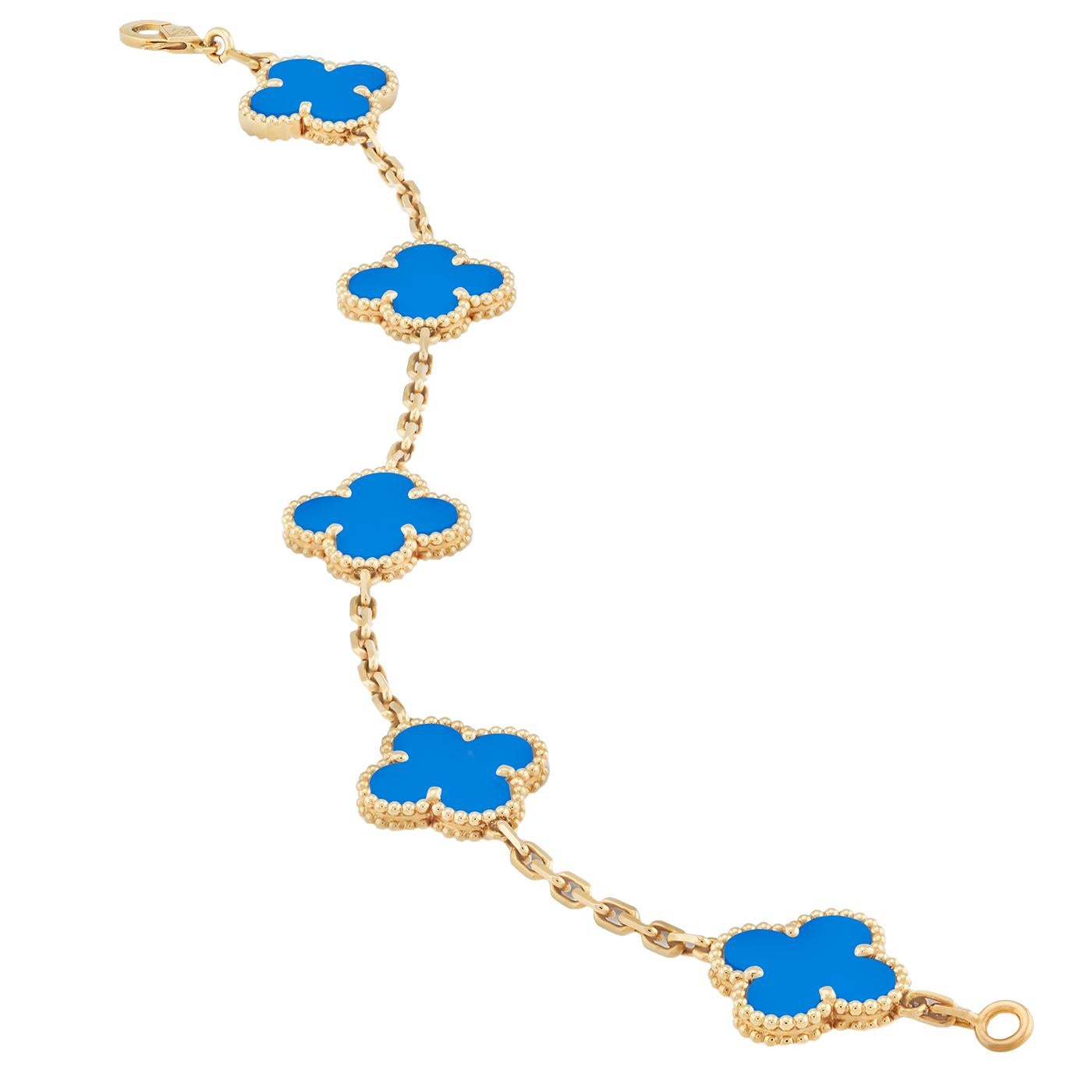 Van Cleef & Arpels Pulsera Alhambra Vintage Ágata Azul 5 Motivos Oro Amarillo 18K Modernista en venta