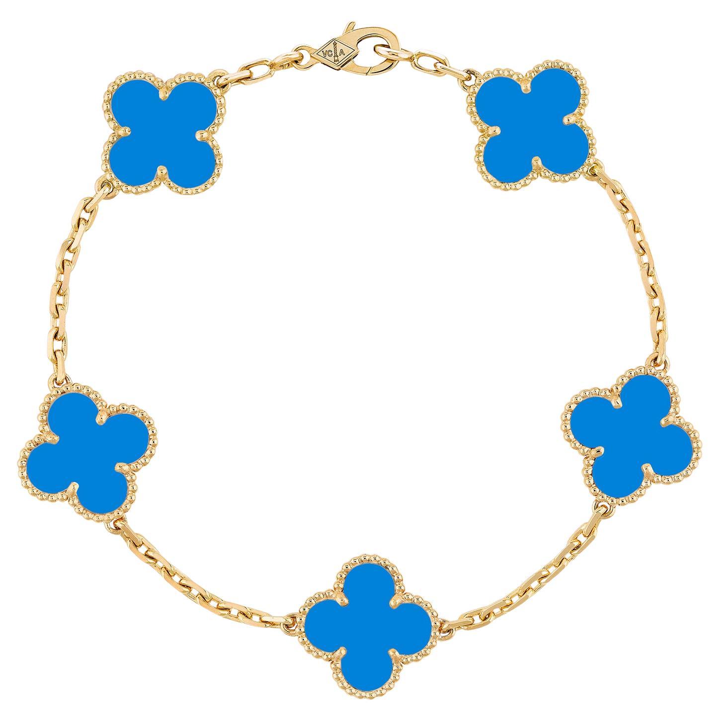 Van Cleef & Arpels Pulsera Alhambra Vintage Ágata Azul 5 Motivos Oro Amarillo 18K en venta