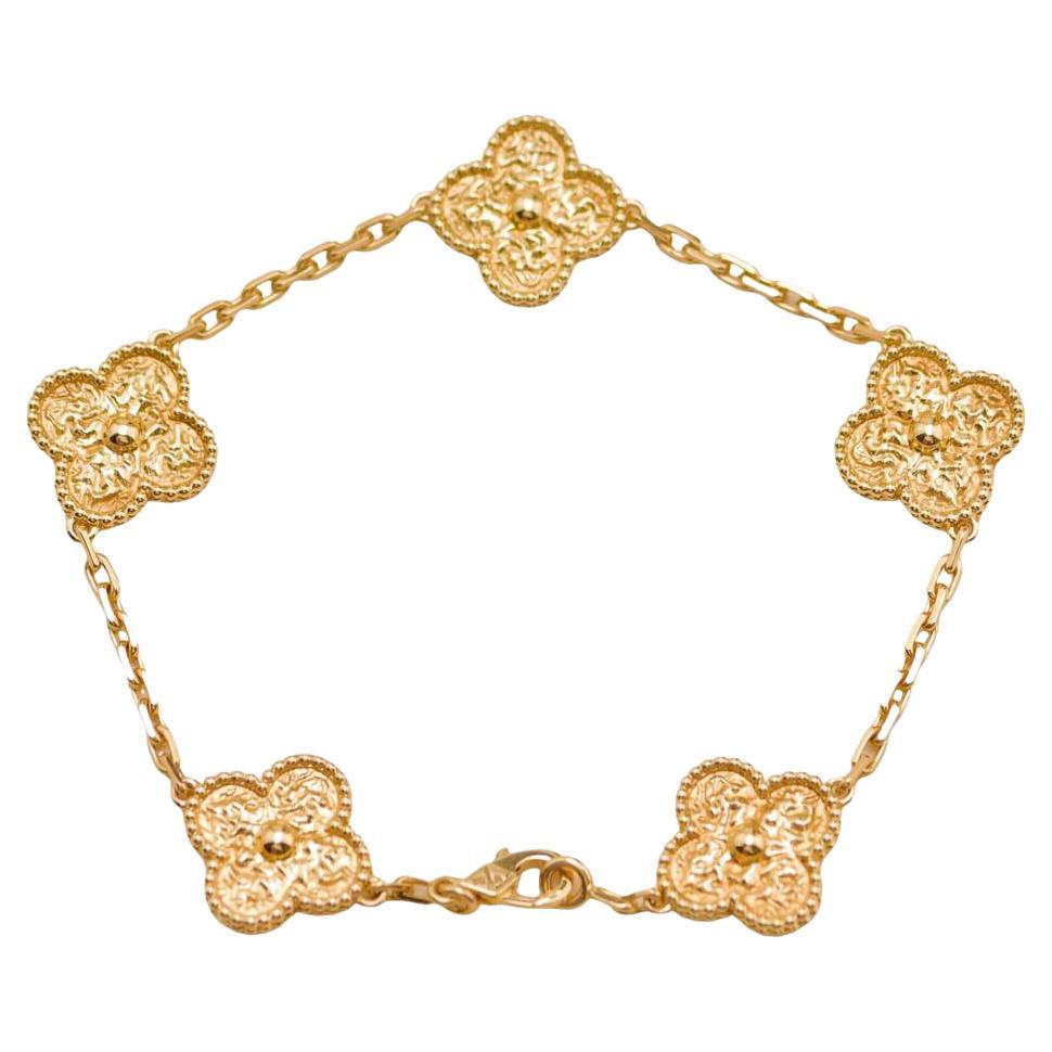 Van Cleef 
Arpels Vintage Alhambra Bracelet Hammered 5 Motif 18K Yellow Gold For Sale