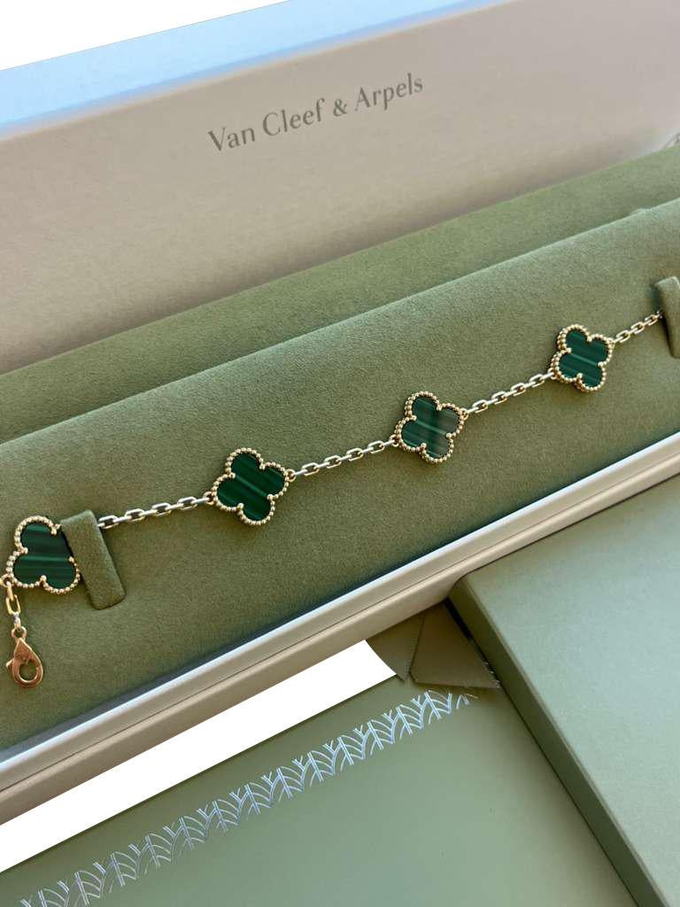 Van Cleef & Arpels Vintage Alhambra Armband Malachit 5 Motive 18K Gelbgold im Angebot 2