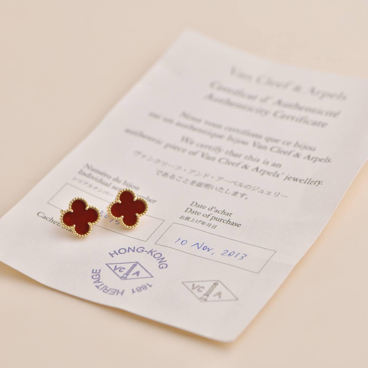 Uncut Van Cleef & Arpels Vintage Alhambra Carnelian 18K Yellow Gold Earrings