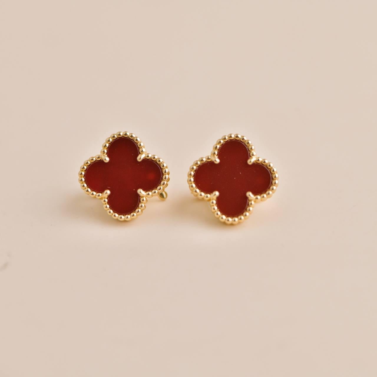 Van Cleef & Arpels Vintage Alhambra Carnelian 18K Yellow Gold Earrings 1