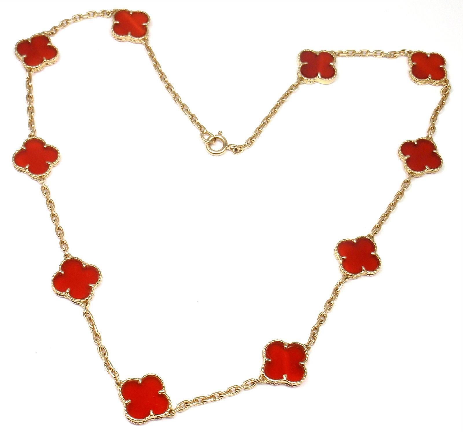 18k Yellow Gold Alhambra 10 Motifs Carnelian Necklace by Van Cleef & Arpels. With 10 motifs of carnelian Alhambra stones 15mm each.  
This necklace comes with service paper from VCA store.
Details: 
Length: 19'' necklace
Width: 15mm
Weight: 22.7
