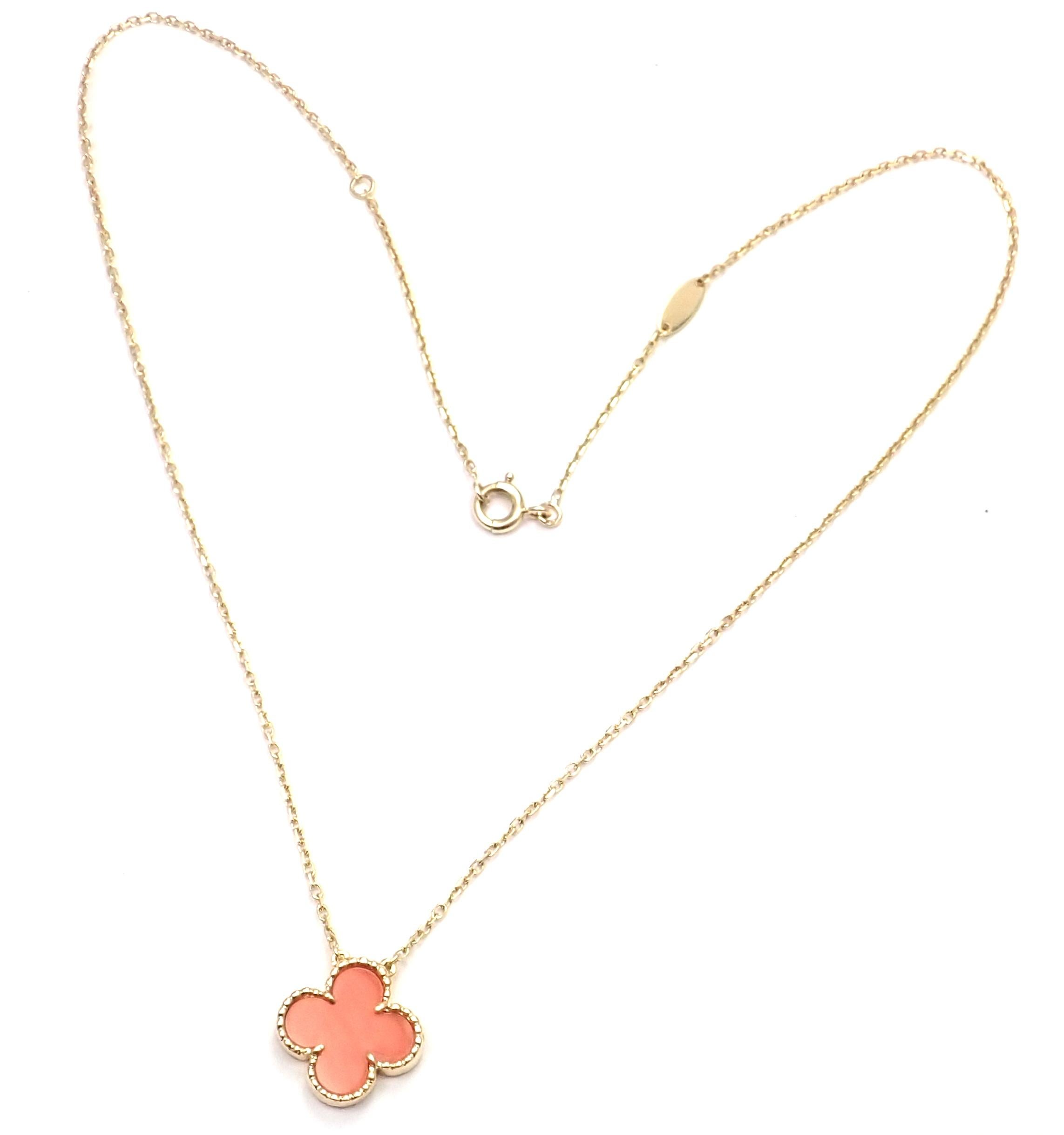 Uncut Van Cleef & Arpels Vintage Alhambra Coral Yellow Gold Pendant Necklace