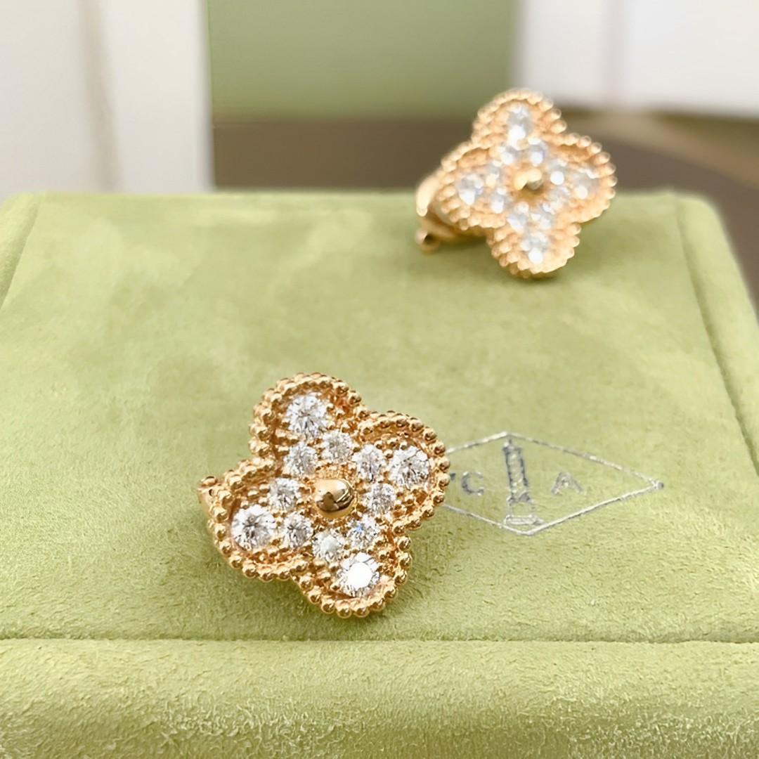 Brilliant Cut Van Cleef & Arpels Vintage Alhambra Diamond 18k Rose Gold Earrings