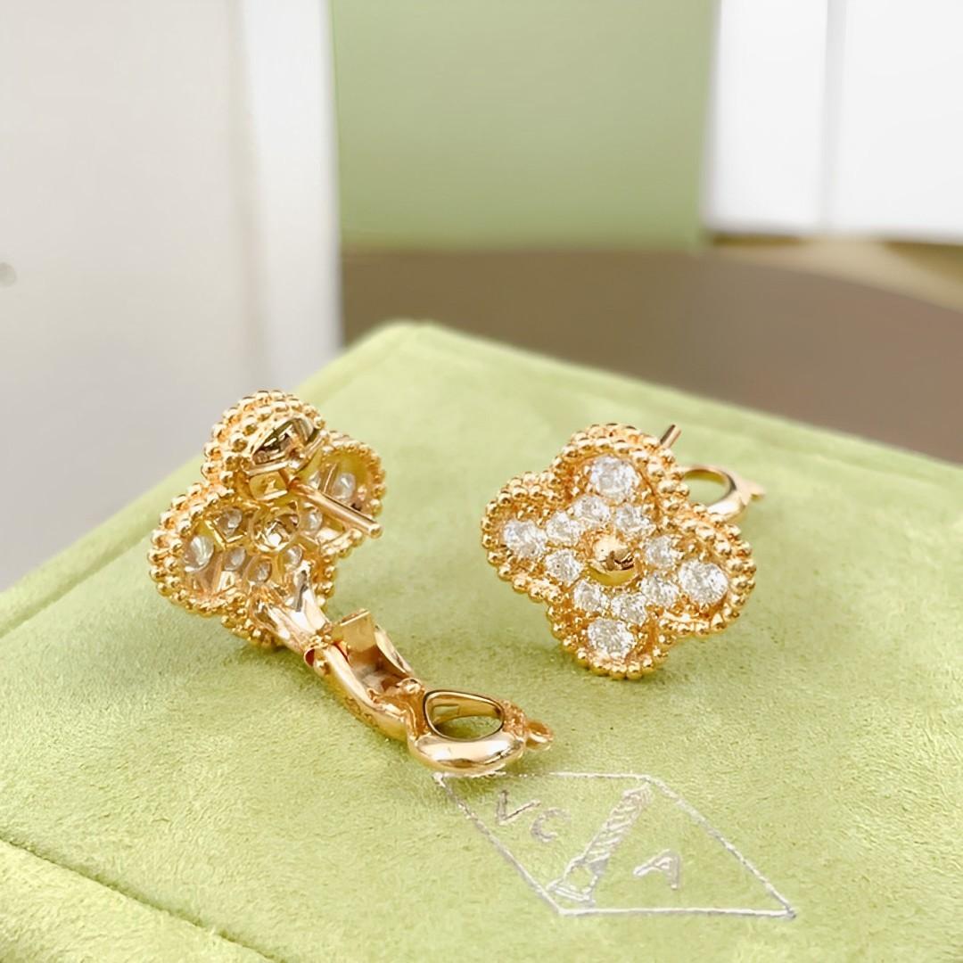 Women's or Men's Van Cleef & Arpels Vintage Alhambra Diamond 18k Rose Gold Earrings