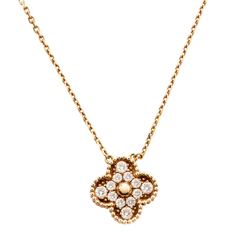 Contemporary Van Cleef & Arpels Vintage Alhambra Diamond 18K Rose Gold Pendant Necklace