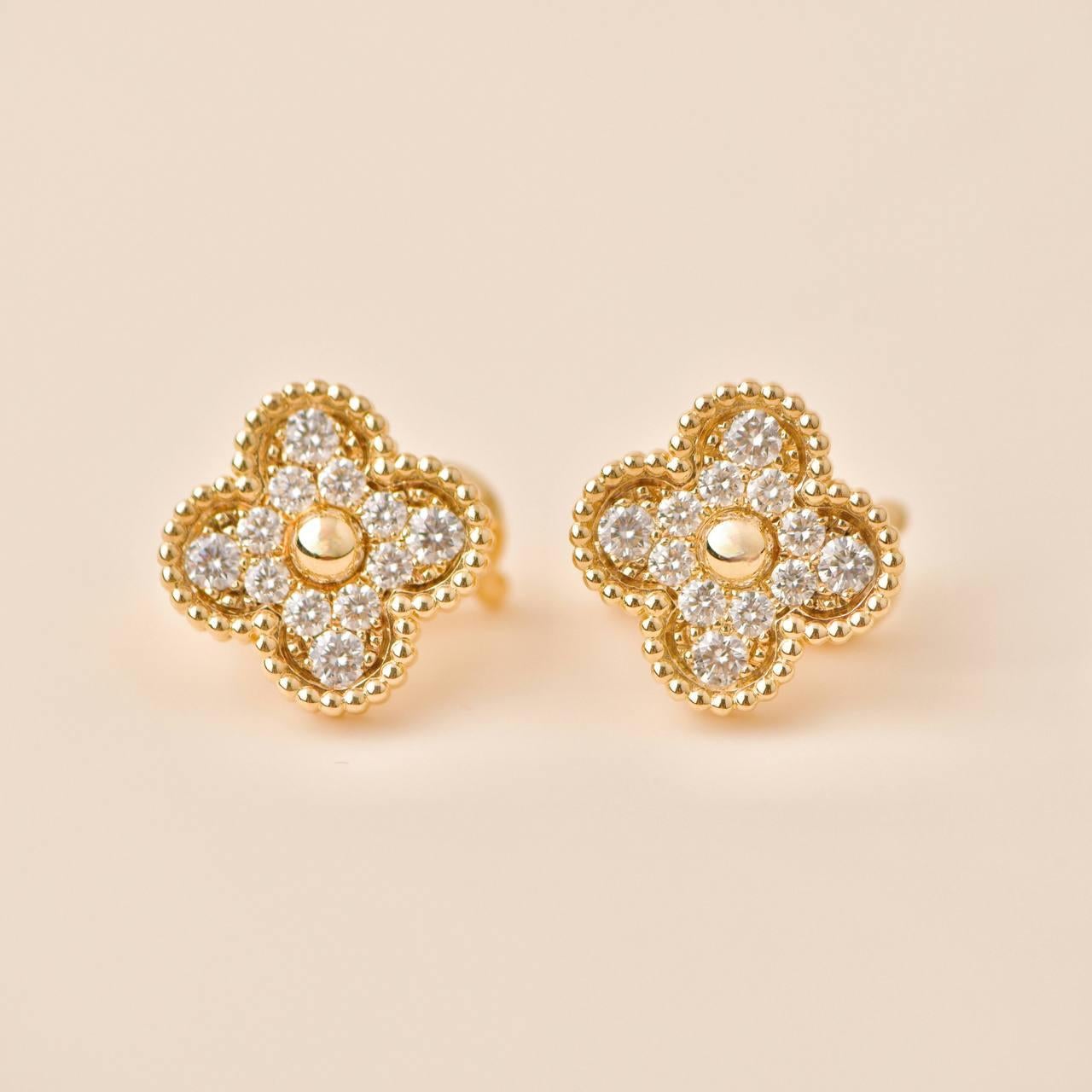 Van Cleef & Arpels Vintage Alhambra Diamond 18K Yellow Gold Earrings In Excellent Condition In Banbury, GB