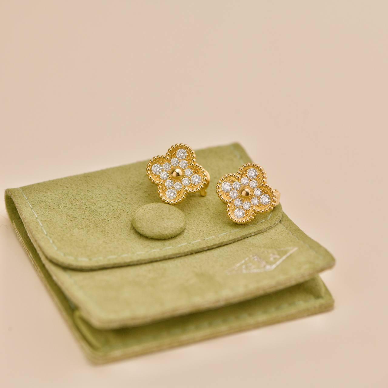 Van Cleef & Arpels Vintage Alhambra Diamond 18K Yellow Gold Earrings In Excellent Condition For Sale In Banbury, GB
