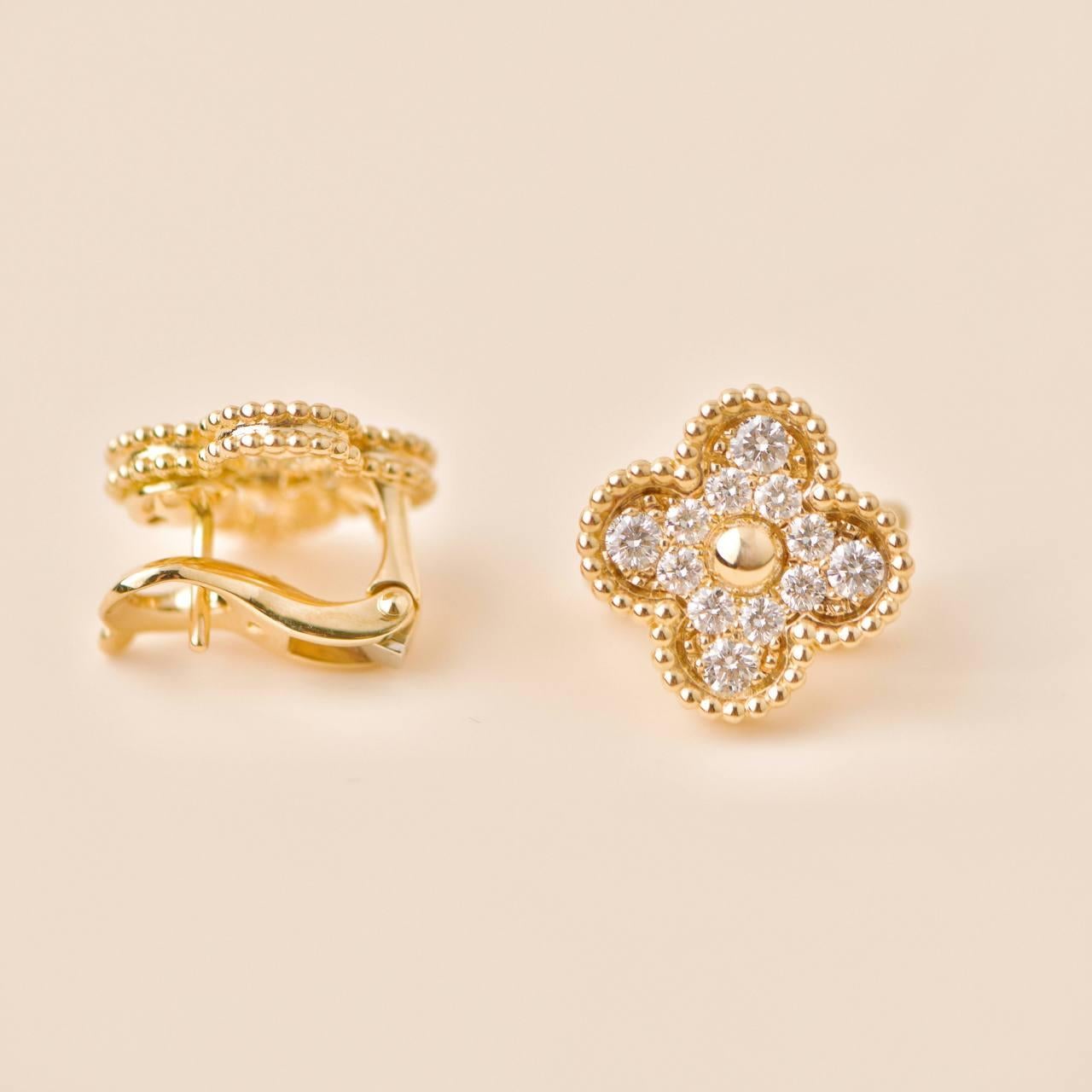 Van Cleef & Arpels Vintage Alhambra Diamond 18K Yellow Gold Earrings 2