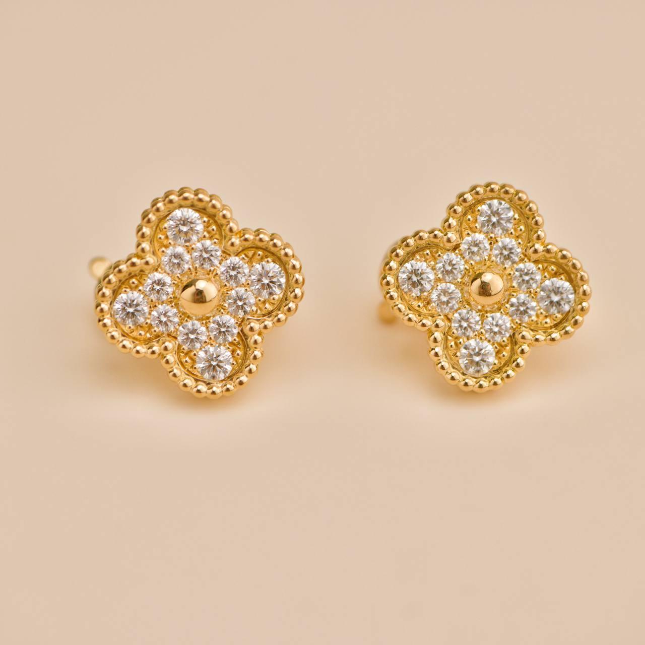 Van Cleef & Arpels Vintage Alhambra Diamond 18K Yellow Gold Earrings For Sale 1