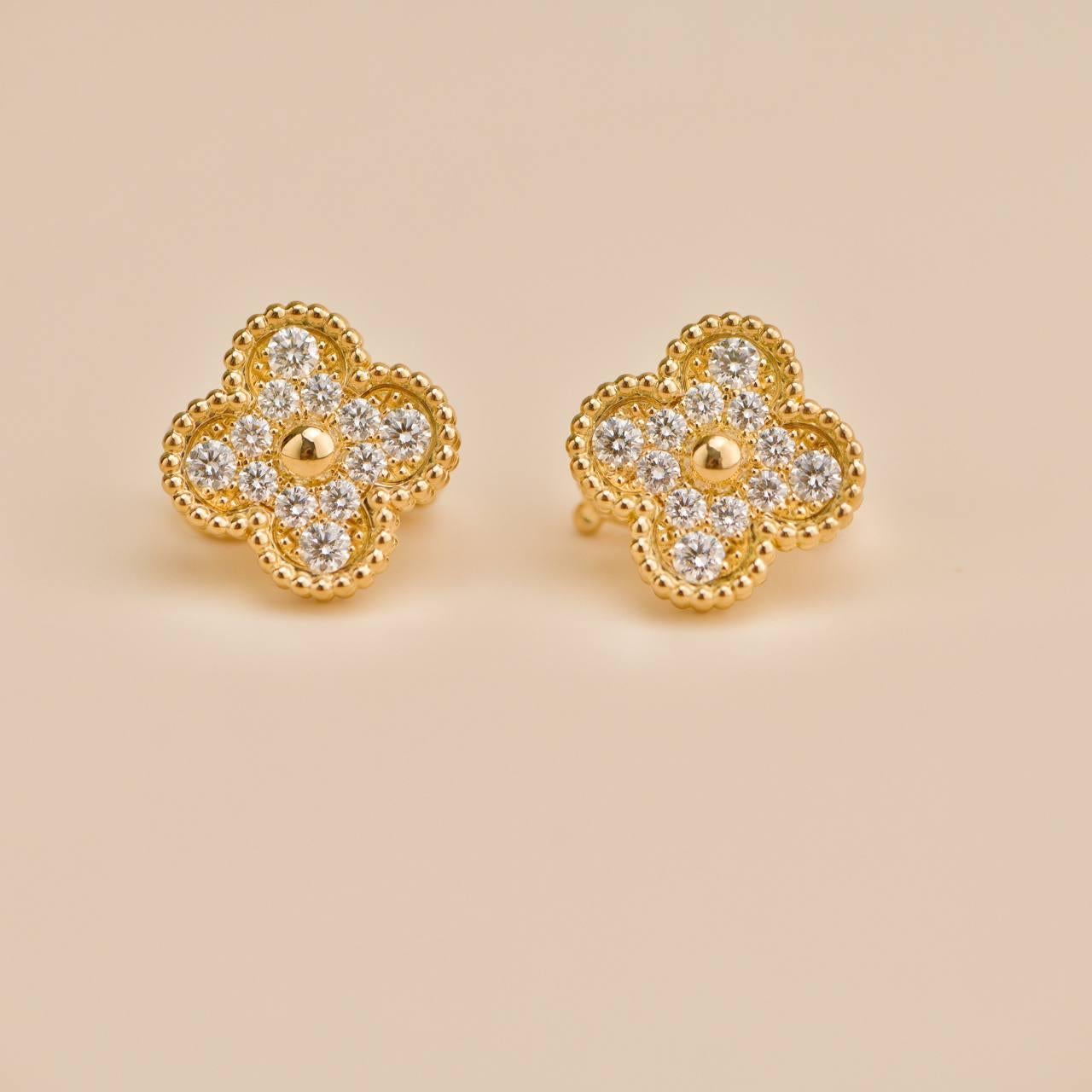 Van Cleef & Arpels Vintage Alhambra Diamond 18K Yellow Gold Earrings For Sale 2
