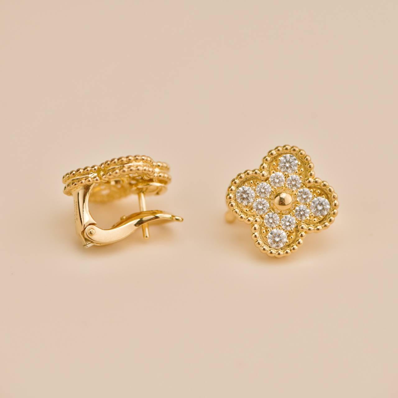 Van Cleef & Arpels Vintage Alhambra Diamond 18K Yellow Gold Earrings For Sale 3