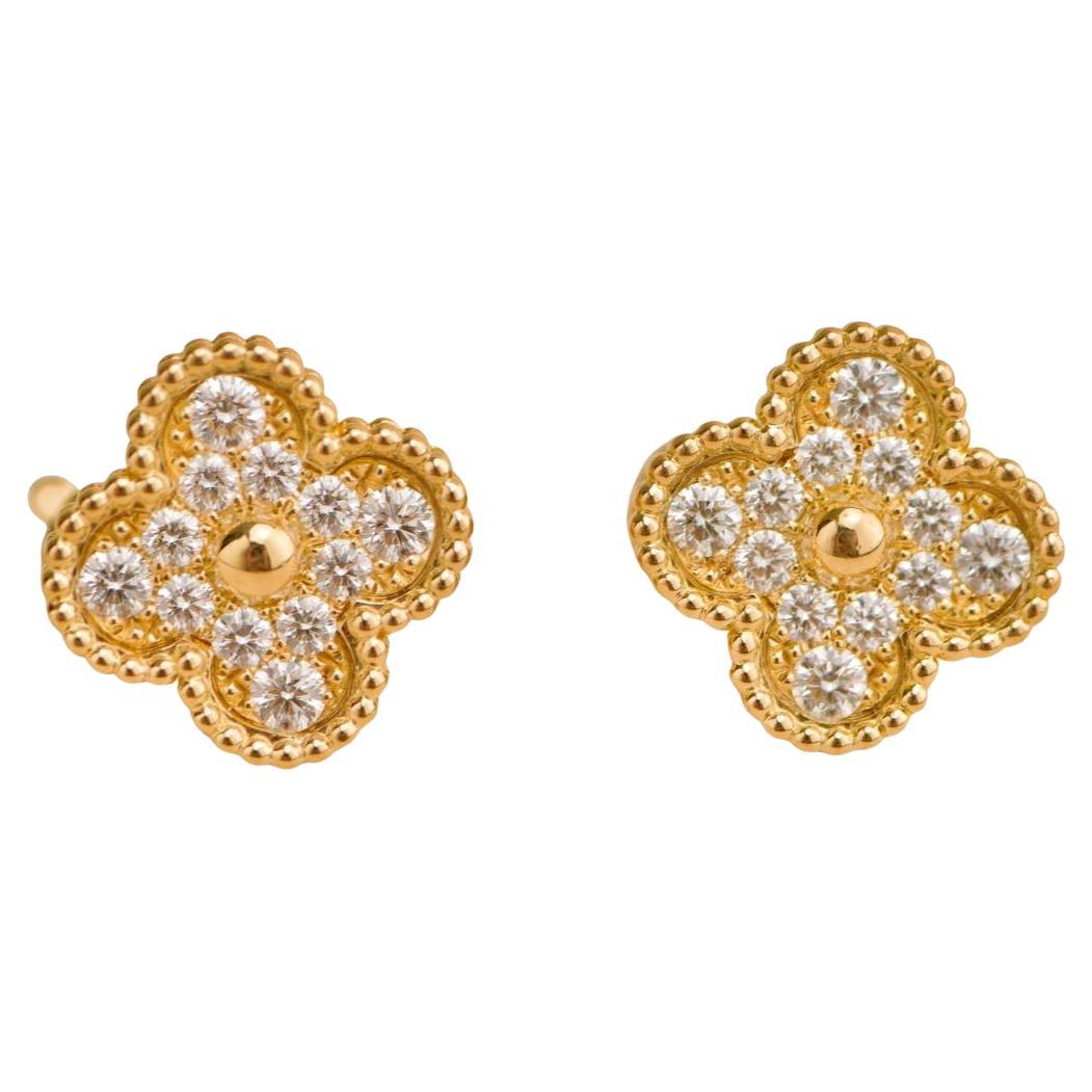 Van Cleef & Arpels Vintage Alhambra Diamond 18K Yellow Gold Earrings For Sale