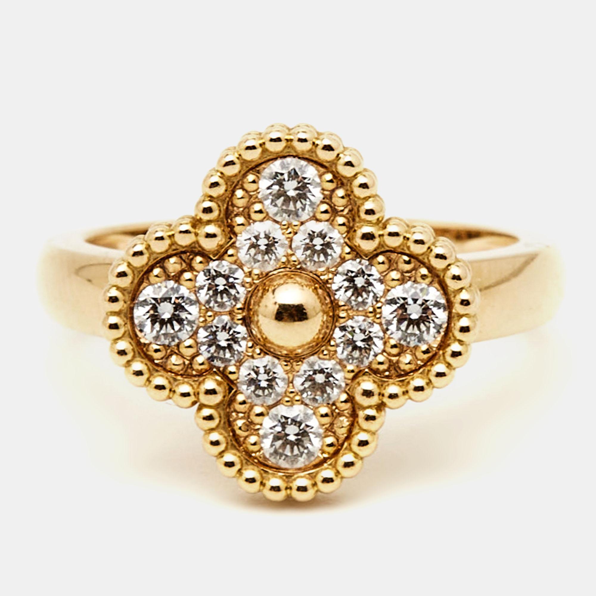 Women's Van Cleef & Arpels Vintage Alhambra Diamond 18k Yellow Gold Ring Size 54