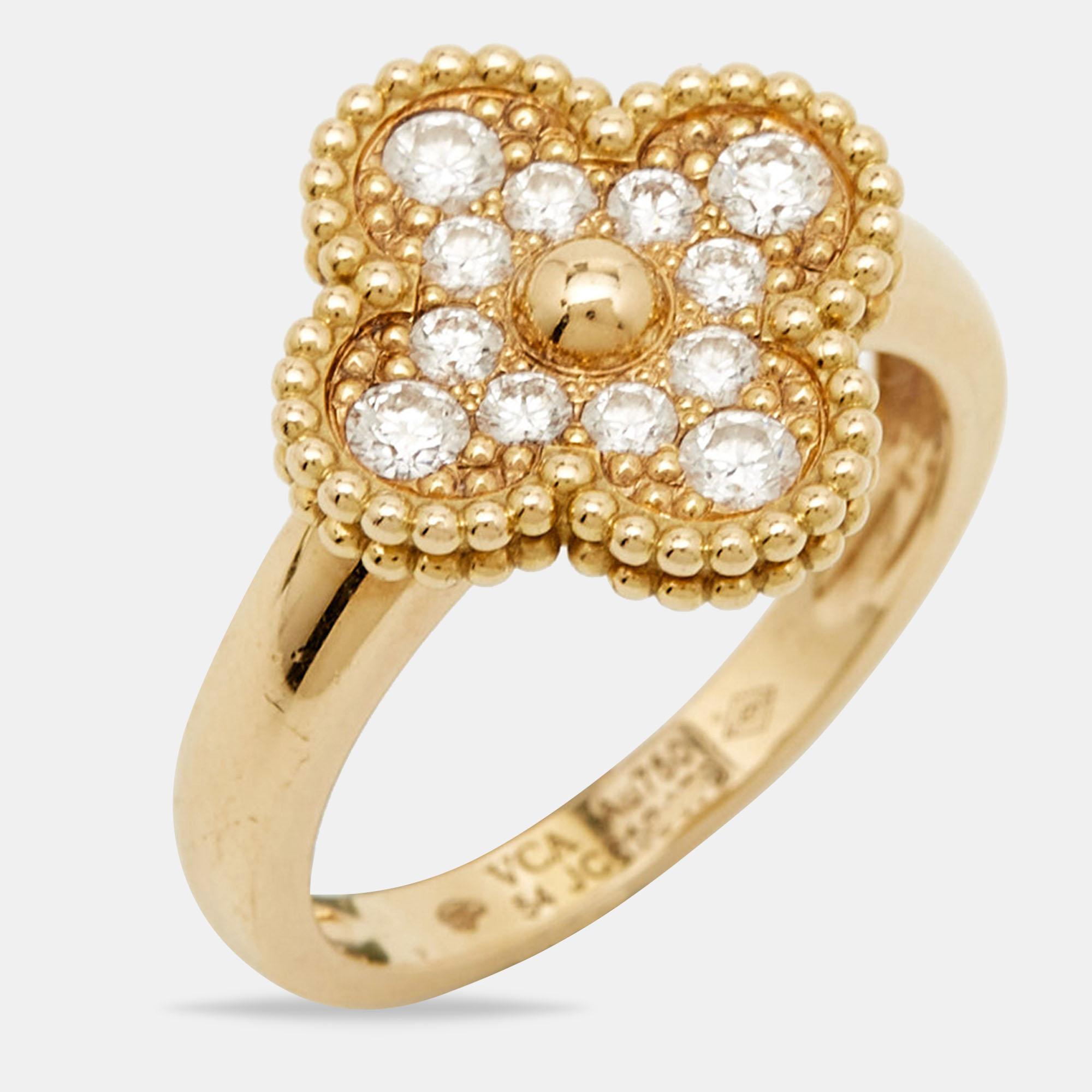 Van Cleef & Arpels Vintage Alhambra Diamond 18k Yellow Gold Ring Size 54 1