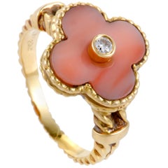 Van Cleef & Arpels Vintage Alhambra Diamond and Coral Yellow Gold Ring