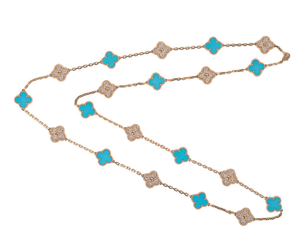 Women's Van Cleef & Arpels Vintage Alhambra Diamond and Turquoise 20 Motif Necklace Ltd