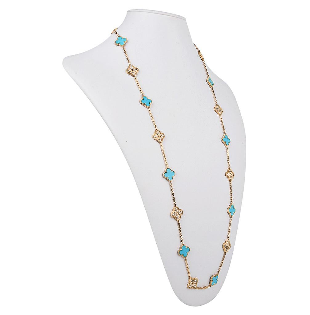 Van Cleef & Arpels Vintage Alhambra Diamond and Turquoise 20 Motif Necklace Ltd 1