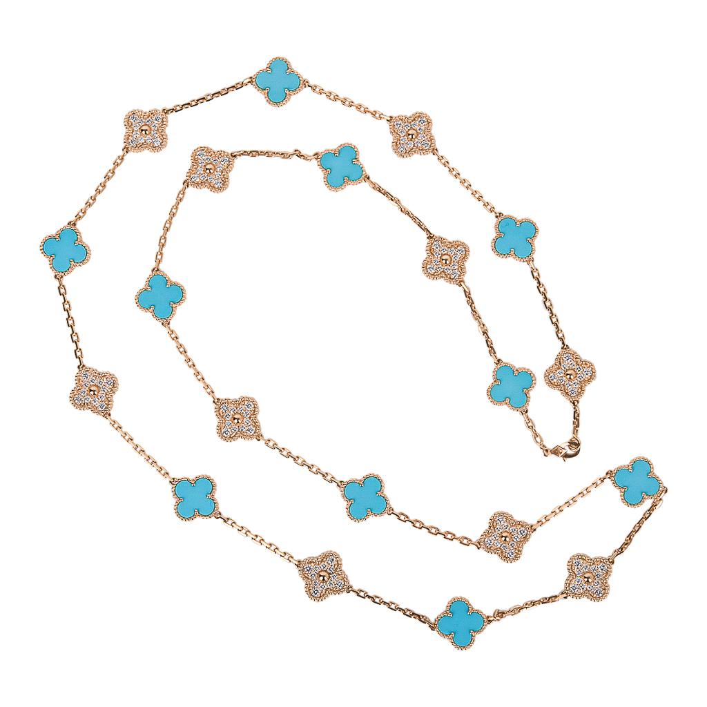 Van Cleef & Arpels Vintage Alhambra Diamond and Turquoise 20 Motif Necklace Ltd 2
