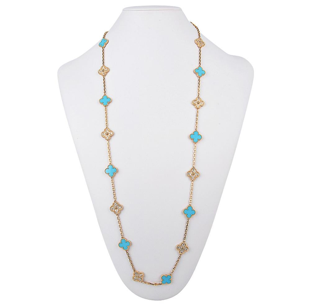 Van Cleef & Arpels Vintage Alhambra Diamond and Turquoise 20 Motif Necklace Ltd 3