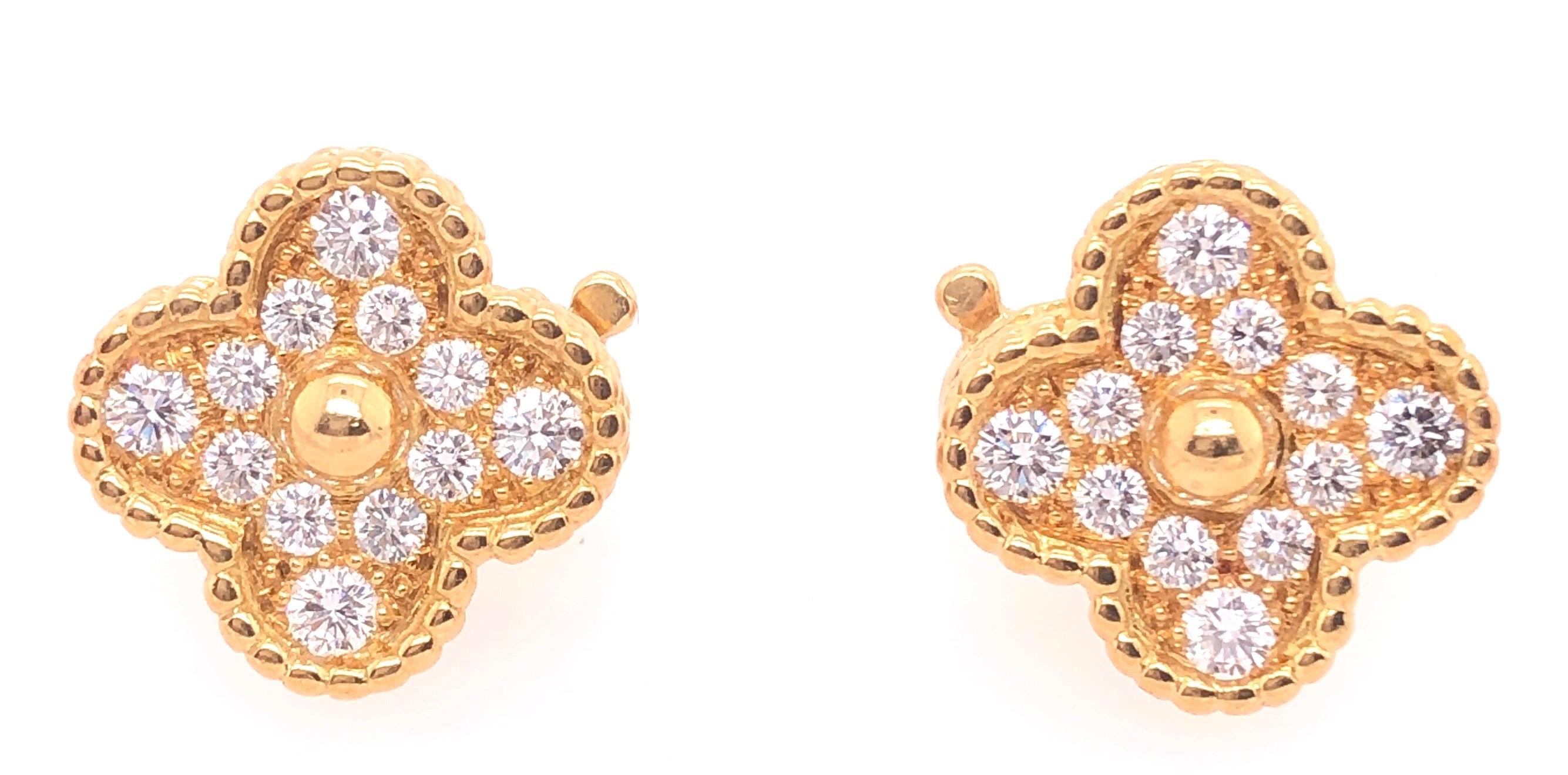 Yellow Gold with Round Diamonds Van Cleef & Arpels Alhambra Earrings. Inspired by the clover leaf, these icons of luck are adorned with a border of golden beads. Faithful to the very first Alhambra® jewel created in 1968, the Vintage Alhambra