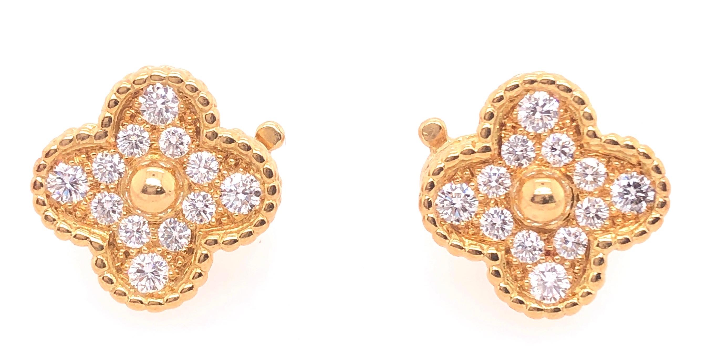 Yellow Gold with Round Diamonds Van Cleef & Arpels Alhambra Earrings. Inspired by the clover leaf, these icons of luck are adorned with a border of golden beads. Faithful to the very first Alhambra® jewel created in 1968, the Vintage Alhambra