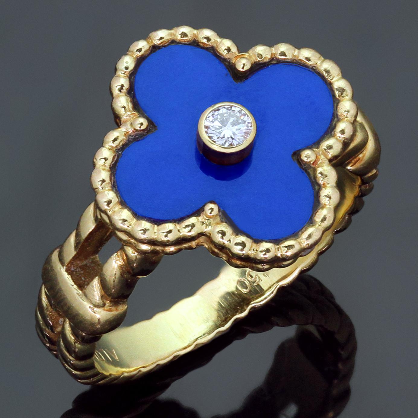 This fabulous Van Cleef & Arpels ring from the iconic Vintage Alhambra collection features the lucky clover design crafted in 18k yellow gold and bezel-set brilliant-cut round diamond of an estimated 0.06 carats surrounded by blue lapis lazuli