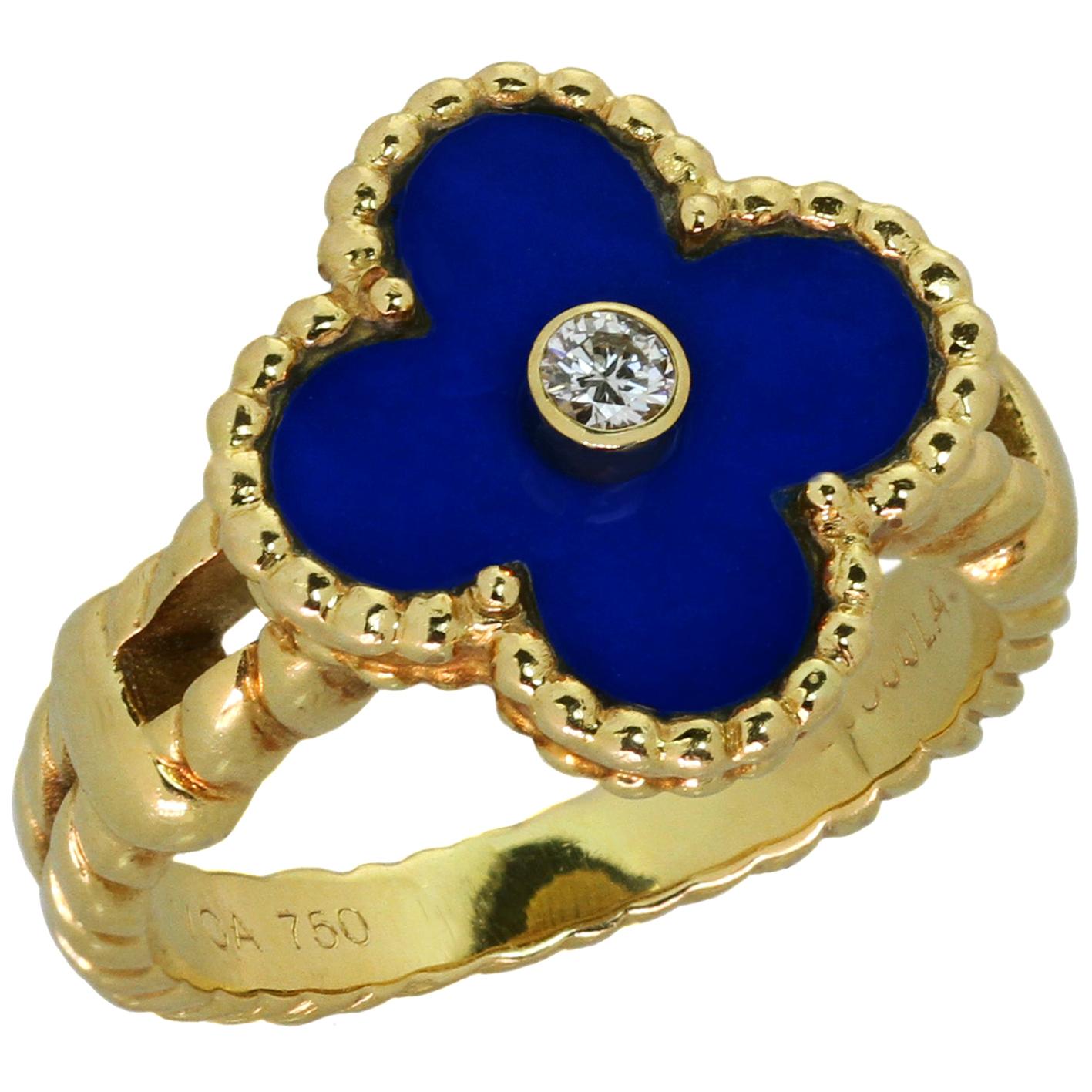 Van Cleef & Arpels Vintage Alhambra Diamond Lapis Lazuli Yellow Gold Ring