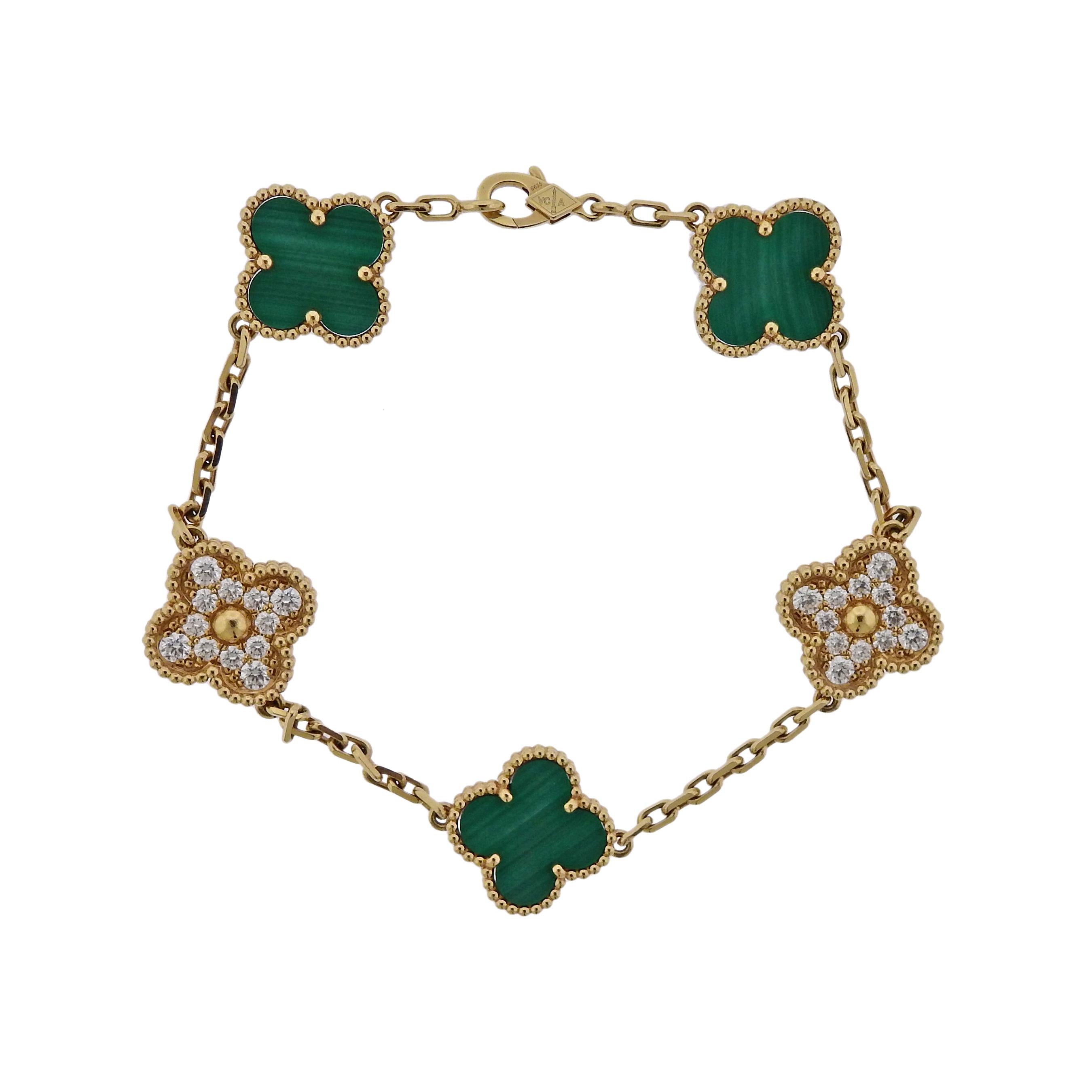 Iconic Vintage Alhambra 18k gold bracelet by Van Cleef & Arpels, set with malachite and diamond clovers, with total of 0.96ctw in FG/VVS. Retail $12400. Comes with box. Bracelet is 7.5