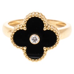Van Cleef & Arpels Vintage Alhambra Diamond Onyx 18K Yellow Gold Ring Size 57