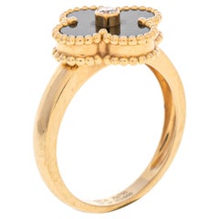 Van Cleef & Arpels Vintage Alhambra Diamond Onyx 18K Yellow Gold Ring Size 57