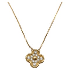 Van Cleef & Arpels Vintage Alhambra Diamond Pave 1 Motif Gold Pendant Necklace