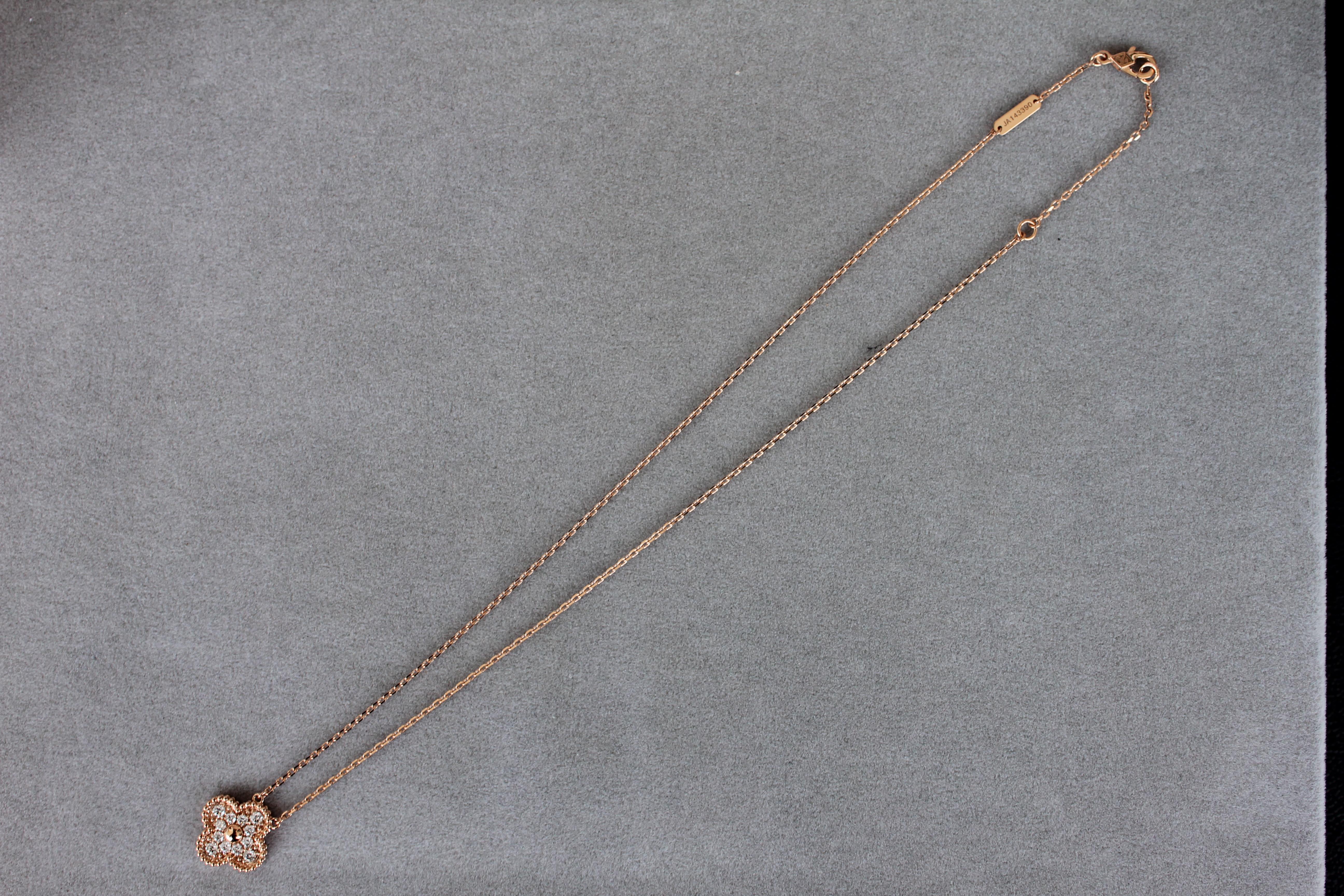 Modern Van Cleef & Arpels Vintage Alhambra Diamond Paved 18K Rose Gold Necklace Pendant