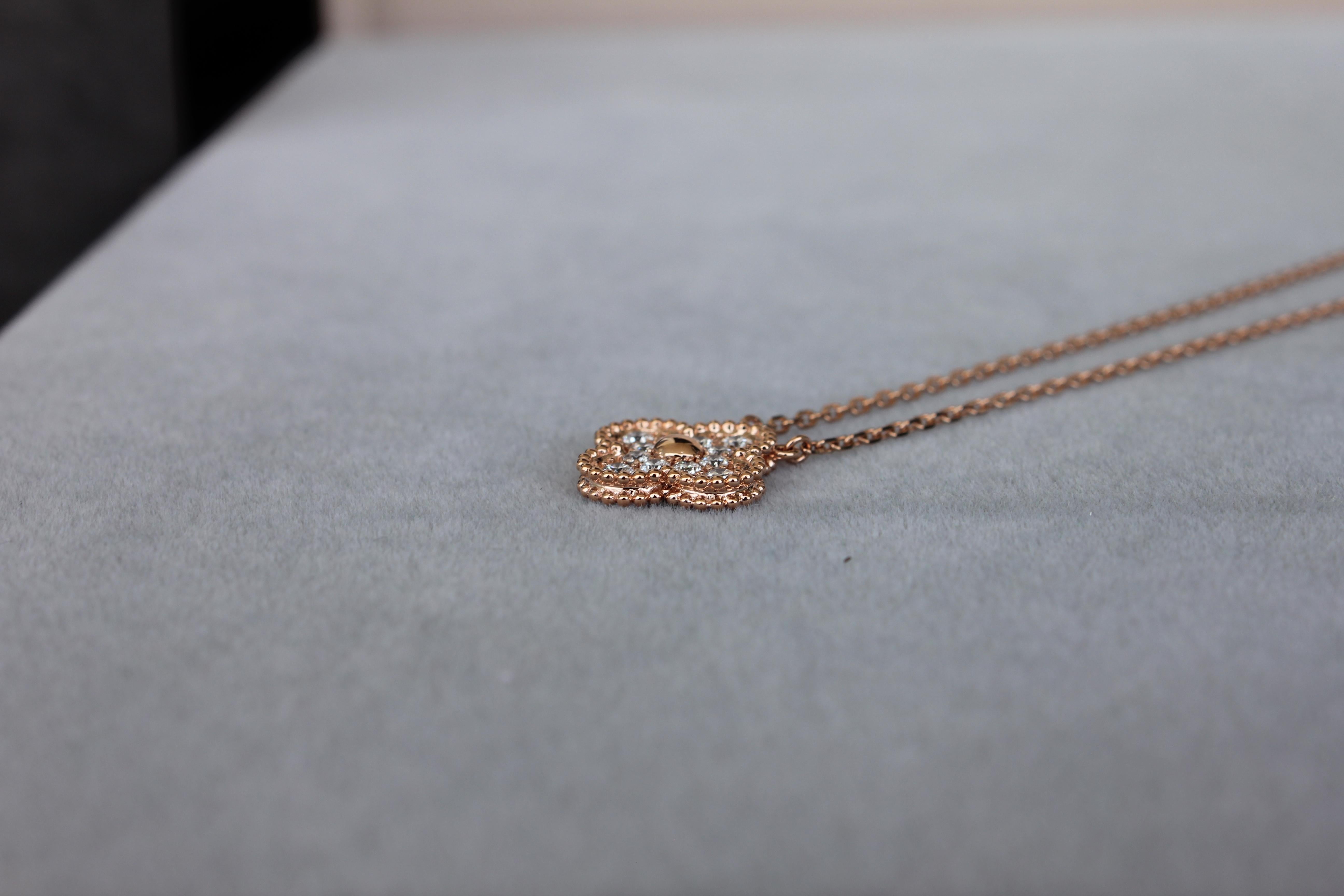 Van Cleef & Arpels Vintage Alhambra Diamond Paved 18K Rose Gold Necklace Pendant In Excellent Condition In Fairfax, VA