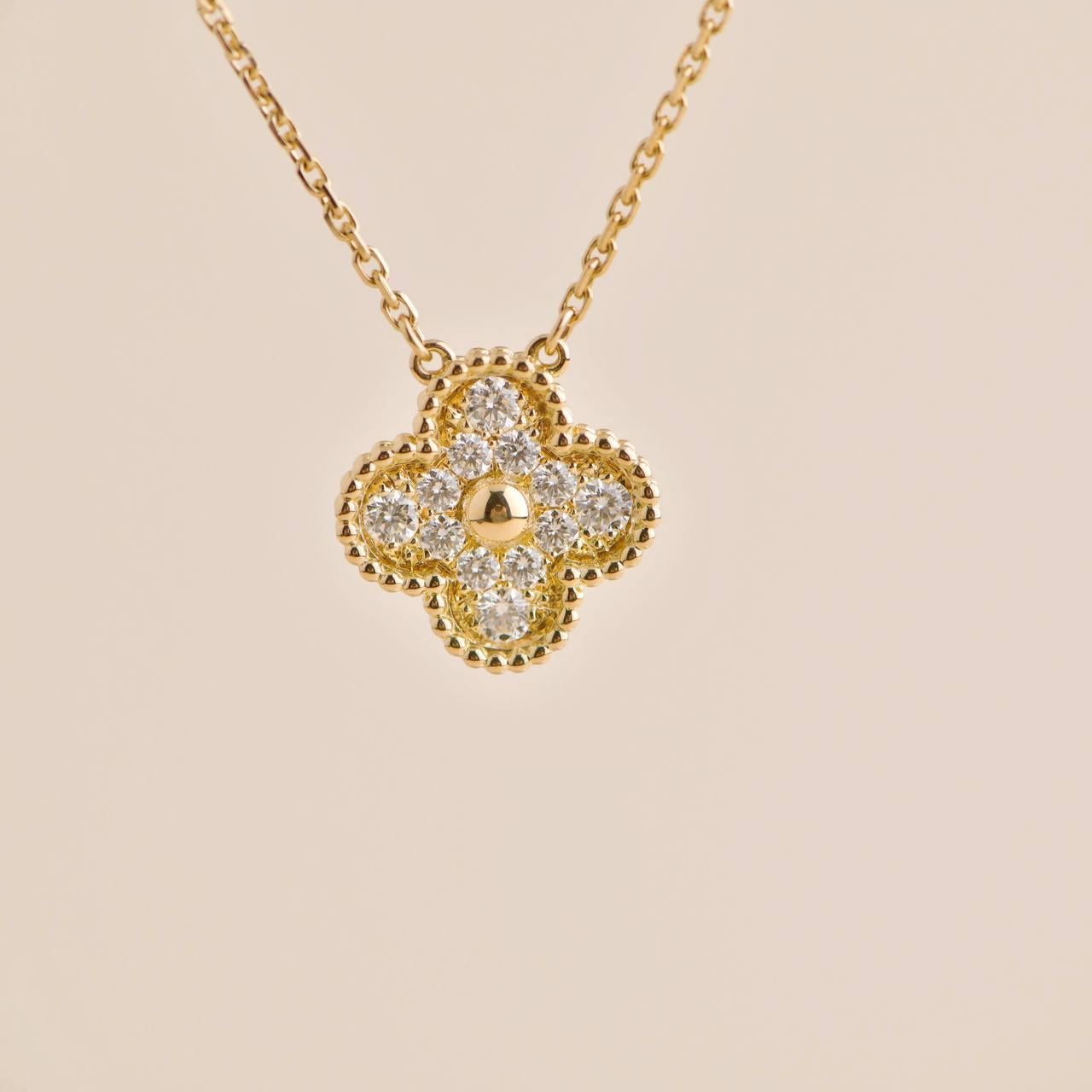 Brilliant Cut Van Cleef & Arpels Vintage Alhambra Diamond Paved Yellow Gold Pendant Necklace For Sale