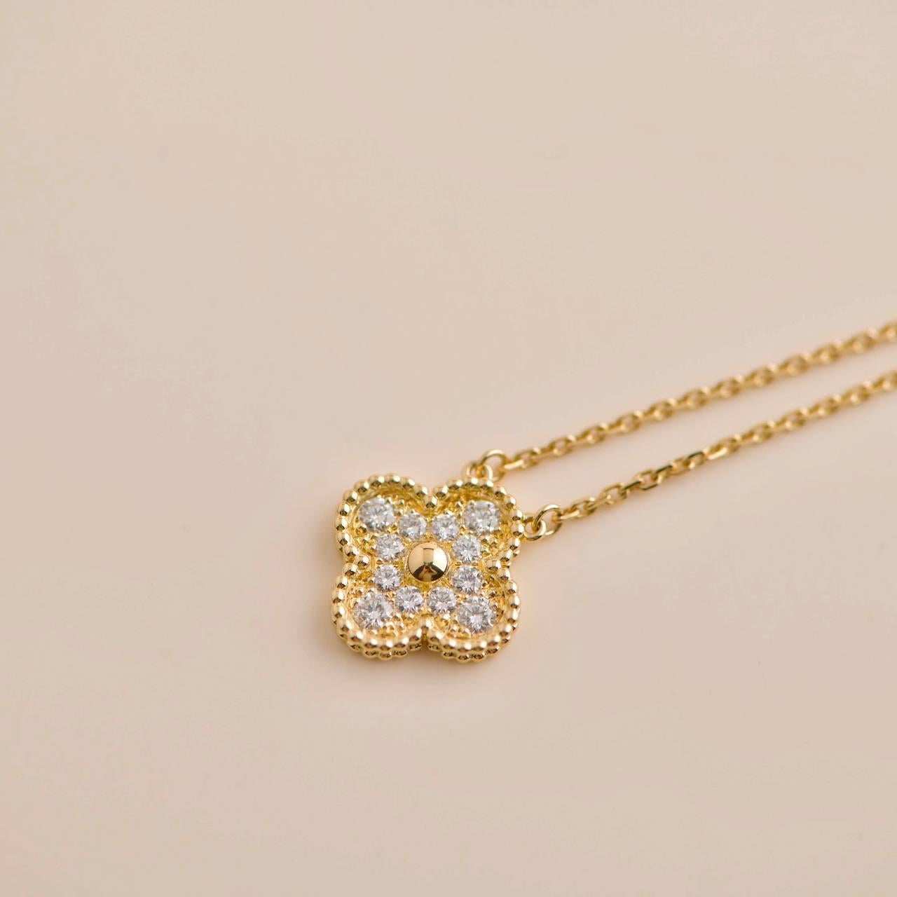 Van Cleef & Arpels Vintage Alhambra Diamond Paved Yellow Gold Pendant Necklace In Excellent Condition In Banbury, GB