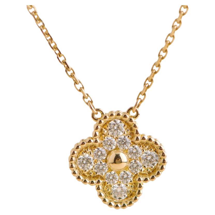 Van Cleef & Arpels Vintage Alhambra Diamond Paved Yellow Gold Pendant Necklace For Sale