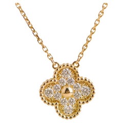 Van Cleef & Arpels Used Alhambra Diamond Paved Yellow Gold Pendant Necklace