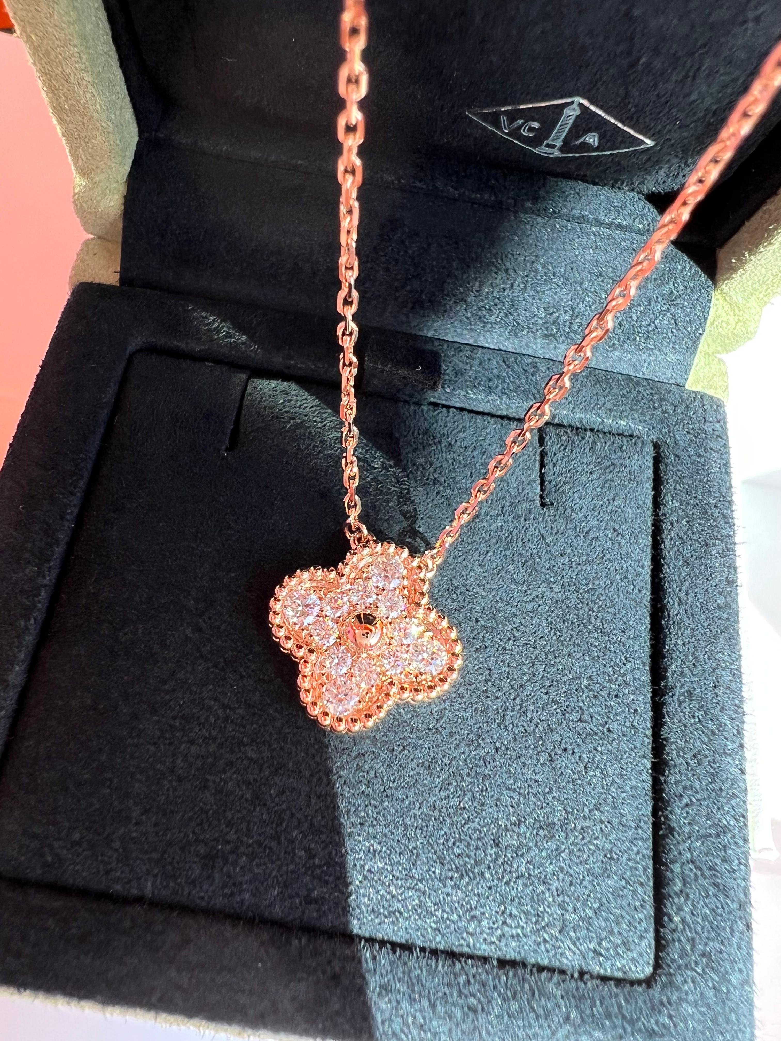 Van Cleef & Arpels Vintage Alhambra Diamond Pendant Necklace, Rose Gold 3